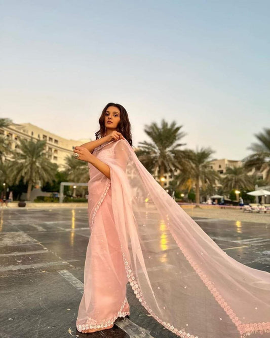Perfect Peach Color Soft Organza Border Work Saree with Blouse