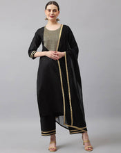 Load image into Gallery viewer, Black Slub Cotton Full Stitched Kurta Set For Girls
