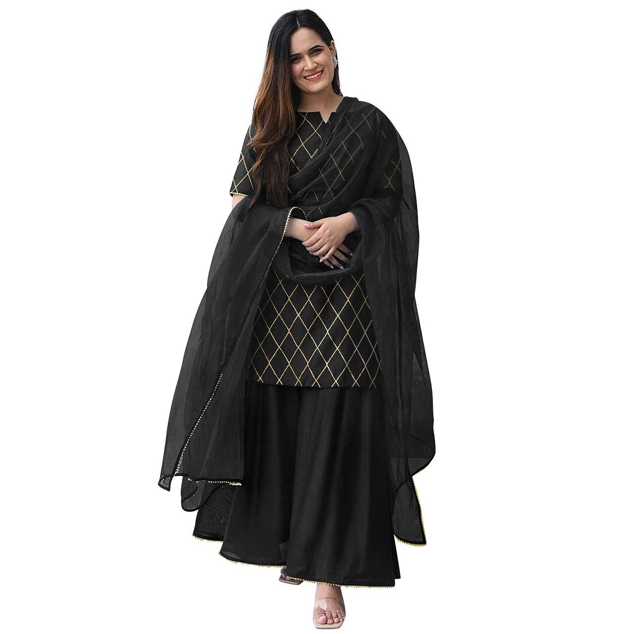 Black Rayon Fully Stitched Sharara Set  With Dupatta
