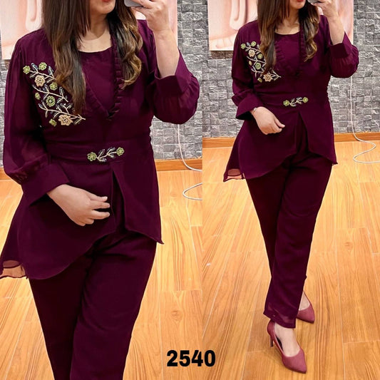 Amazing Wine Color Georgette Handwork Top with Pant For Girls Wear