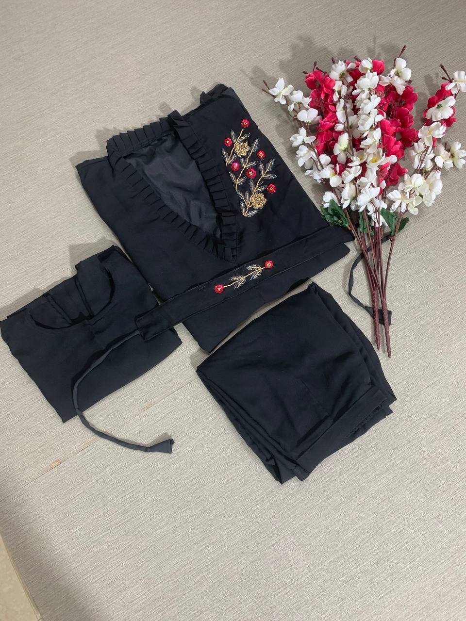 Black Color Georgette Handwork Top with Pant For Girls Wear