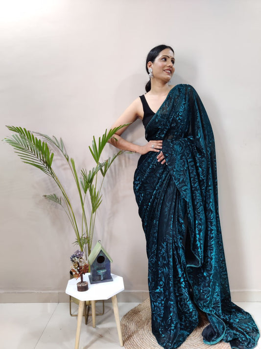 Party Wear Rama Color Heavy Knitting Fabric Saree Blouse