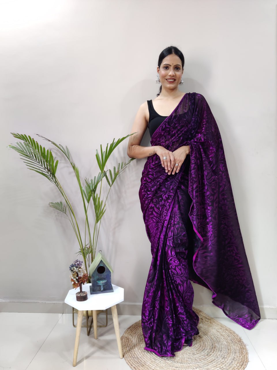 Function Wear Purple Color Heavy Knitting Fabric Saree Blouse