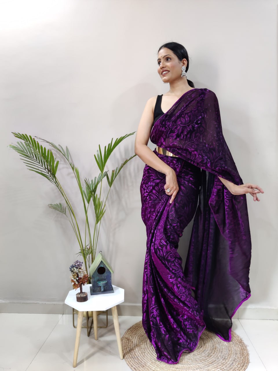 Function Wear Purple Color Heavy Knitting Fabric Saree Blouse