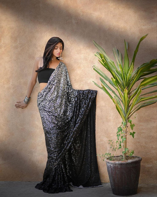 Black Color Georgette Heavy Sequence Work Designer Saree