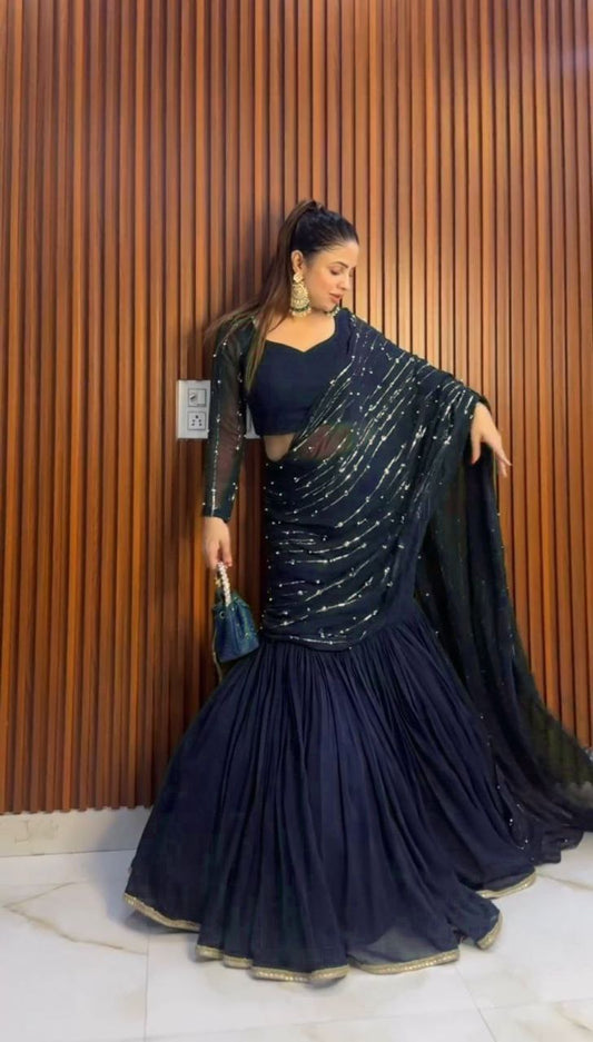 Navy Blue Color Faux Georgette Semi Stitched Lehenga Saree