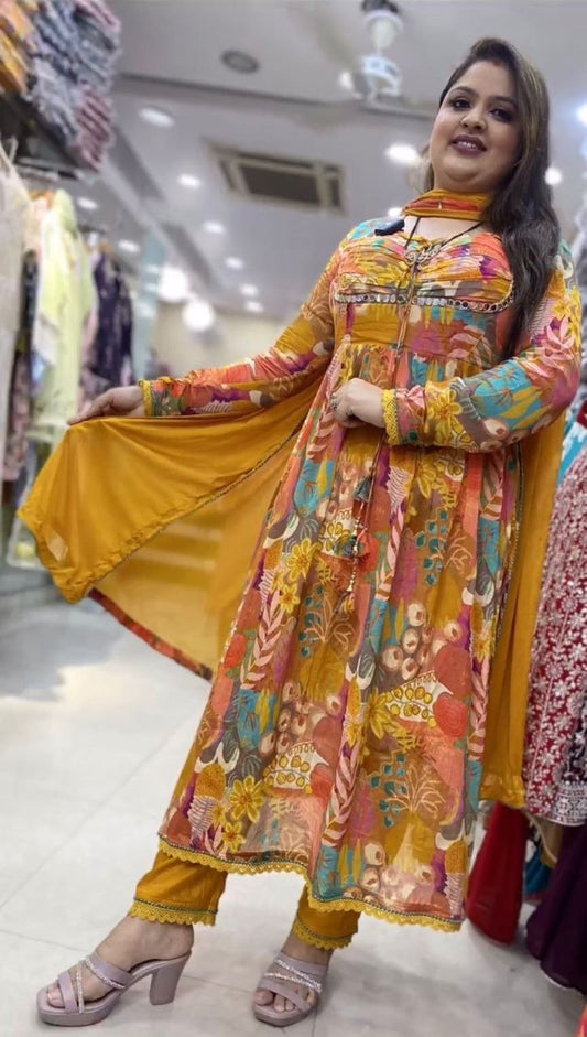 Yellow Chinon Silk Printed Ready to Wear Gown
