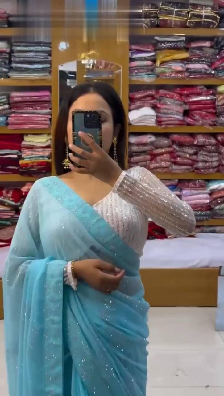 Looking Beautiful Designer Saree On Faux Georgette Febric With Hot Fix Work And Blouse Faux Georgette Febric With Thred With Sequence Work