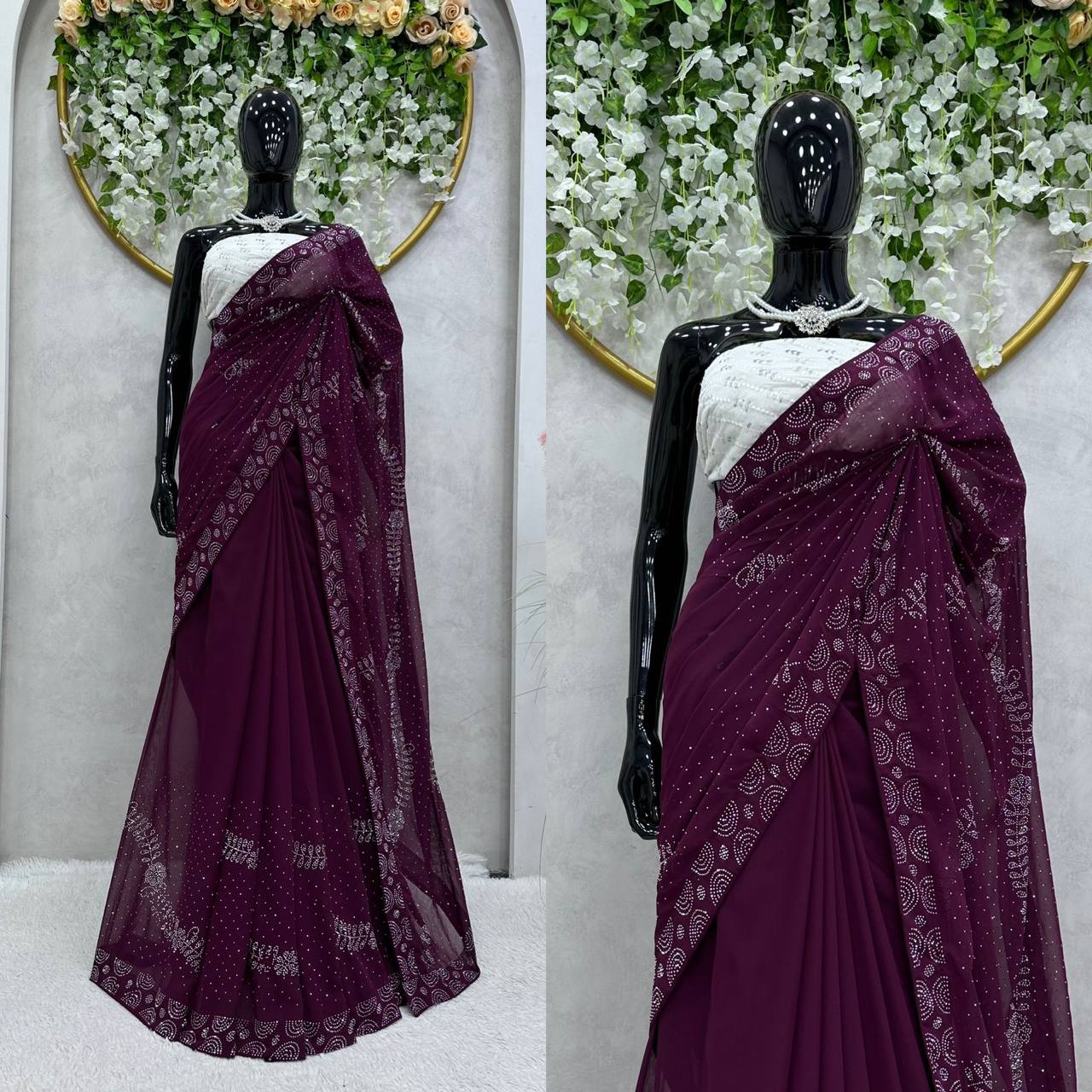 Looking Beautiful Designer Saree On Faux Georgette Febric With Hot Fix Work And Blouse Faux Georgette Febric With Thred With Sequence Work