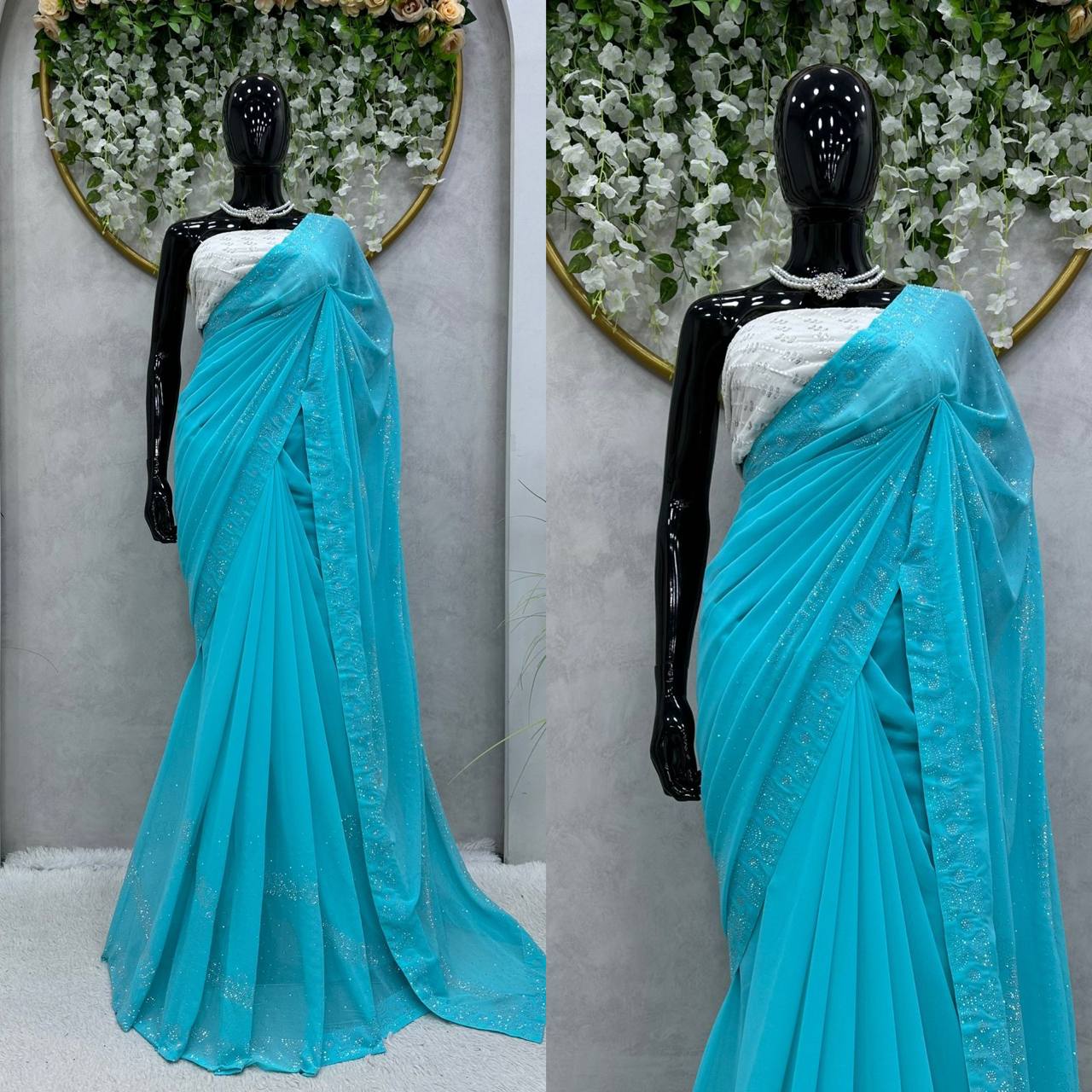 Looking Beautiful Designer Saree On Faux Georgette Febric With Hot Fix Work And Blouse Faux Georgette Febric With Thred With Sequence Work