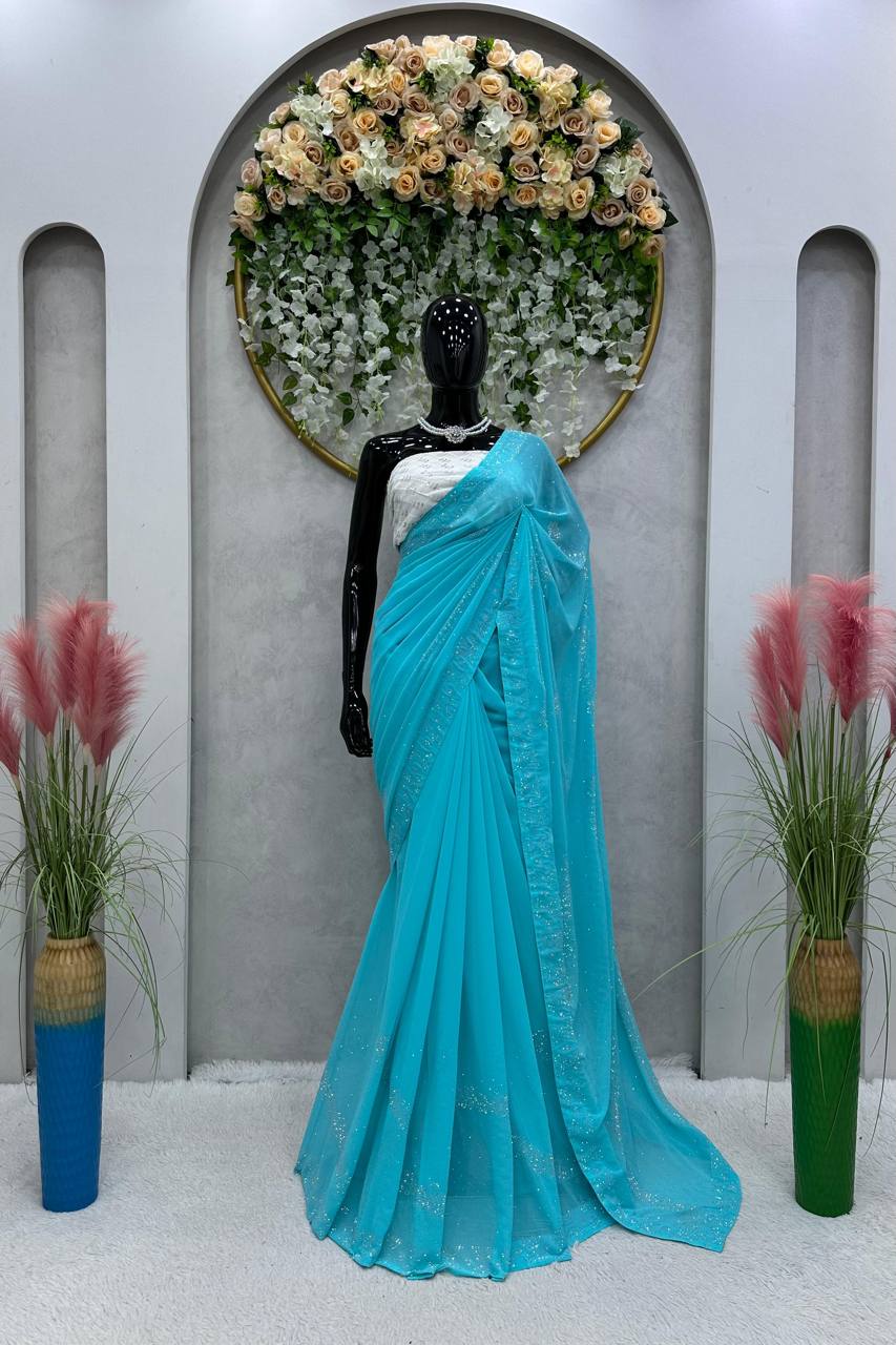Looking Beautiful Designer Saree On Faux Georgette Febric With Hot Fix Work And Blouse Faux Georgette Febric With Thred With Sequence Work