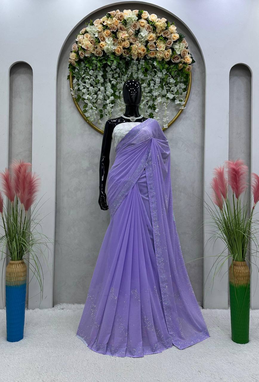 Looking Beautiful Designer Saree On Faux Georgette Febric With Hot Fix Work And Blouse Faux Georgette Febric With Thred With Sequence Work