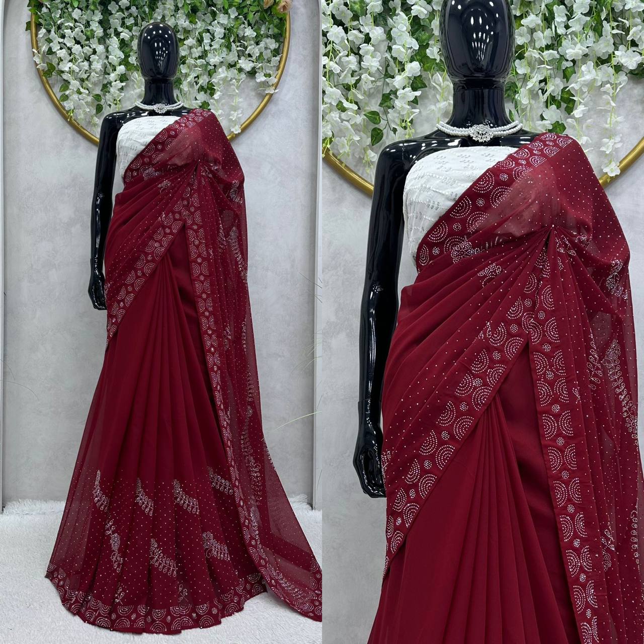 Looking Beautiful Designer Saree On Faux Georgette Febric With Hot Fix Work And Blouse Faux Georgette Febric With Thred With Sequence Work