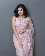 Load image into Gallery viewer, Stylish Baby Pink Color Organza Embroidered Pearl Work Saree
