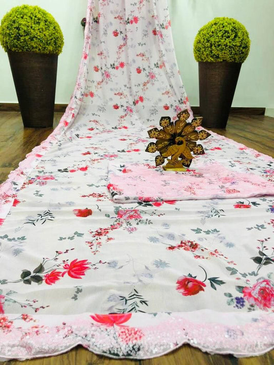 Engrossing Pink Color Georgette Printed Sequence Work Saree Blouse