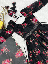 Load image into Gallery viewer, Beautiful Black Color Soft Organza Silk Printed Full Stitched Anarkali Gown Set
