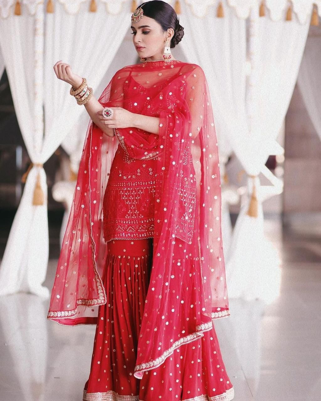 Sizzling Red Color Georgette Sequence Moti Work Sharara Suit For Wedding Wear