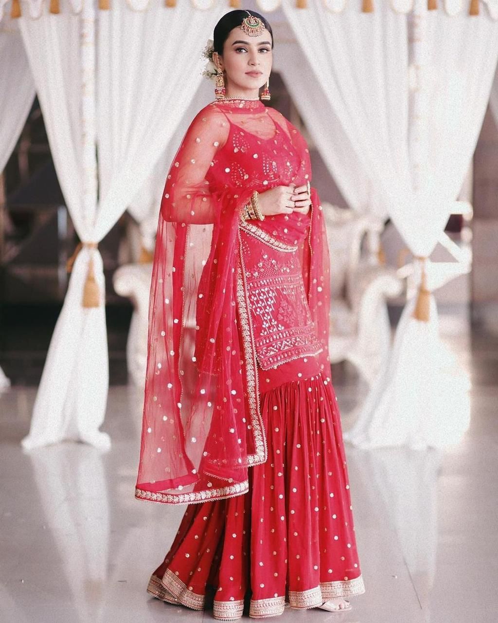 Sizzling Red Color Georgette Sequence Moti Work Sharara Suit For Wedding Wear