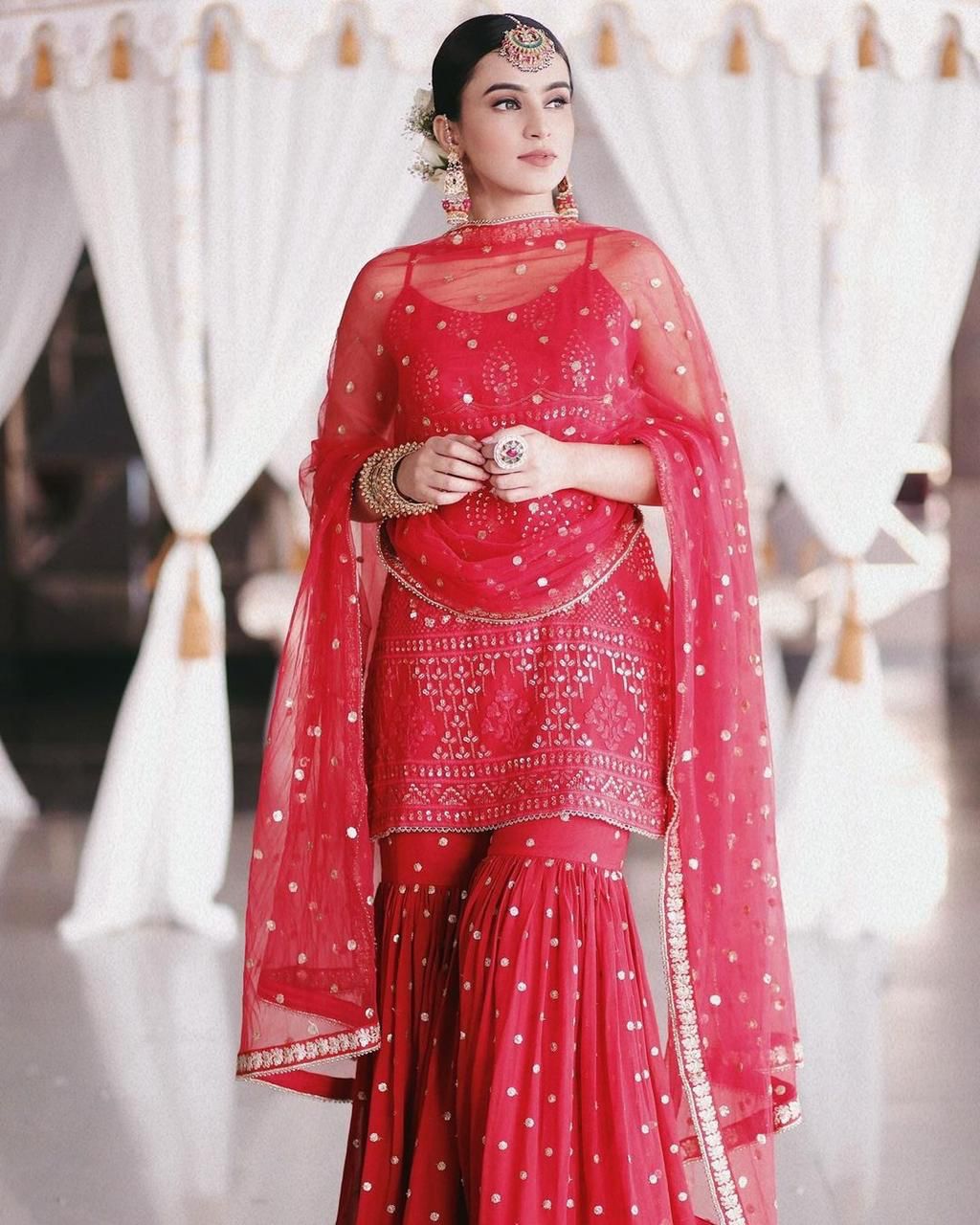 Sizzling Red Color Georgette Sequence Moti Work Sharara Suit For Wedding Wear