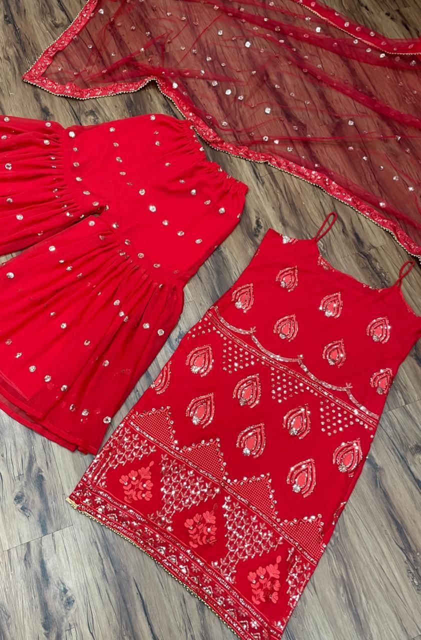 Sizzling Red Color Georgette Sequence Moti Work Sharara Suit For Wedding Wear