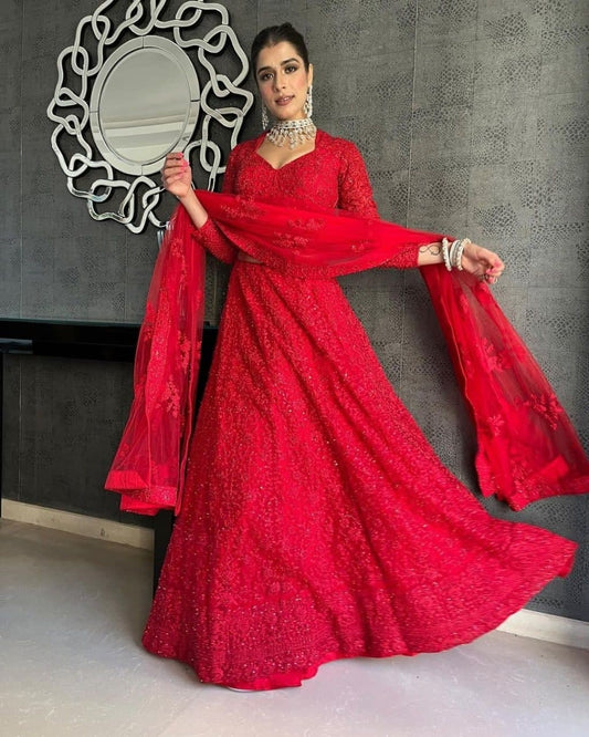 Capricious Red Color Function Wear Net Sequence Thread Work Lehenga Choli