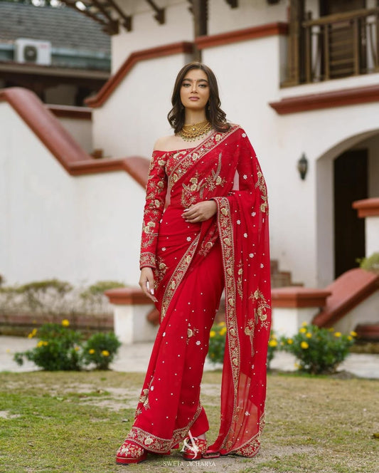 Red Georgette Jari Embroidered Saree Blouse
