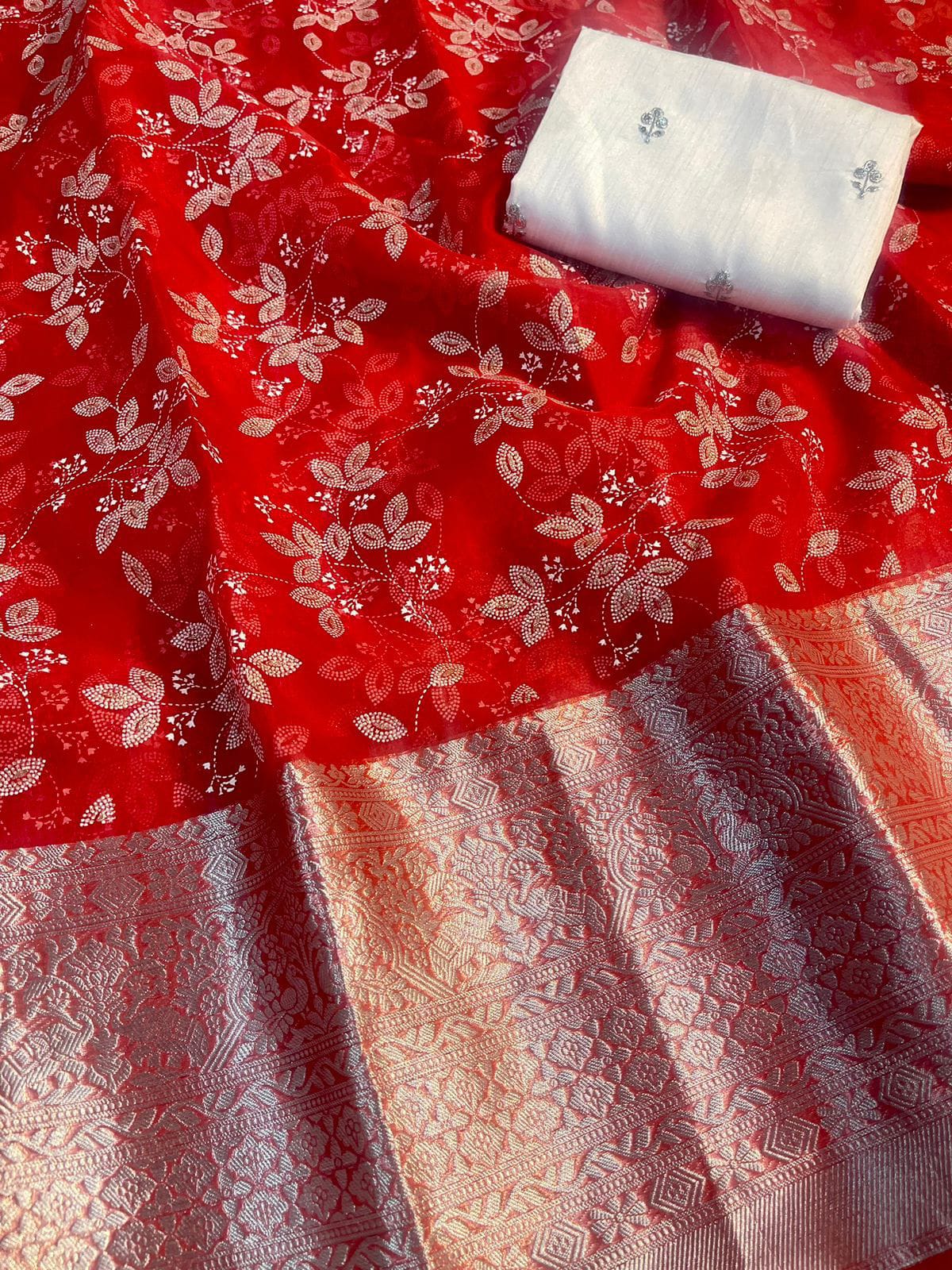 Beautiful Organza Jacqaurd Foil Pigment Work Saree