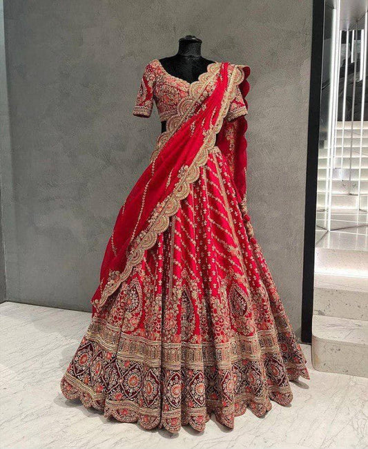 Bridal Wear Red Color Tapeta Silk Chine Stitched Work Design Lehenga Choli