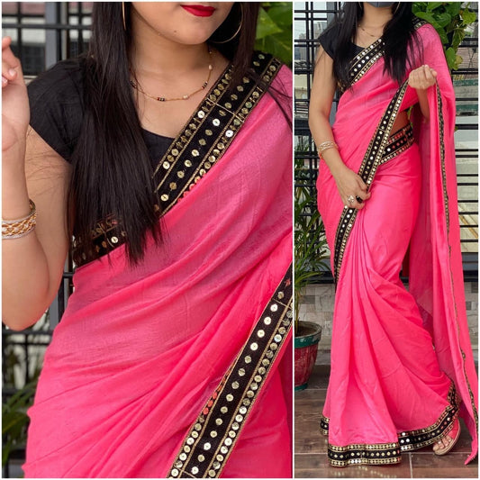 Rani Pink Silk Mirror Work Border Saree Blouse For Women
