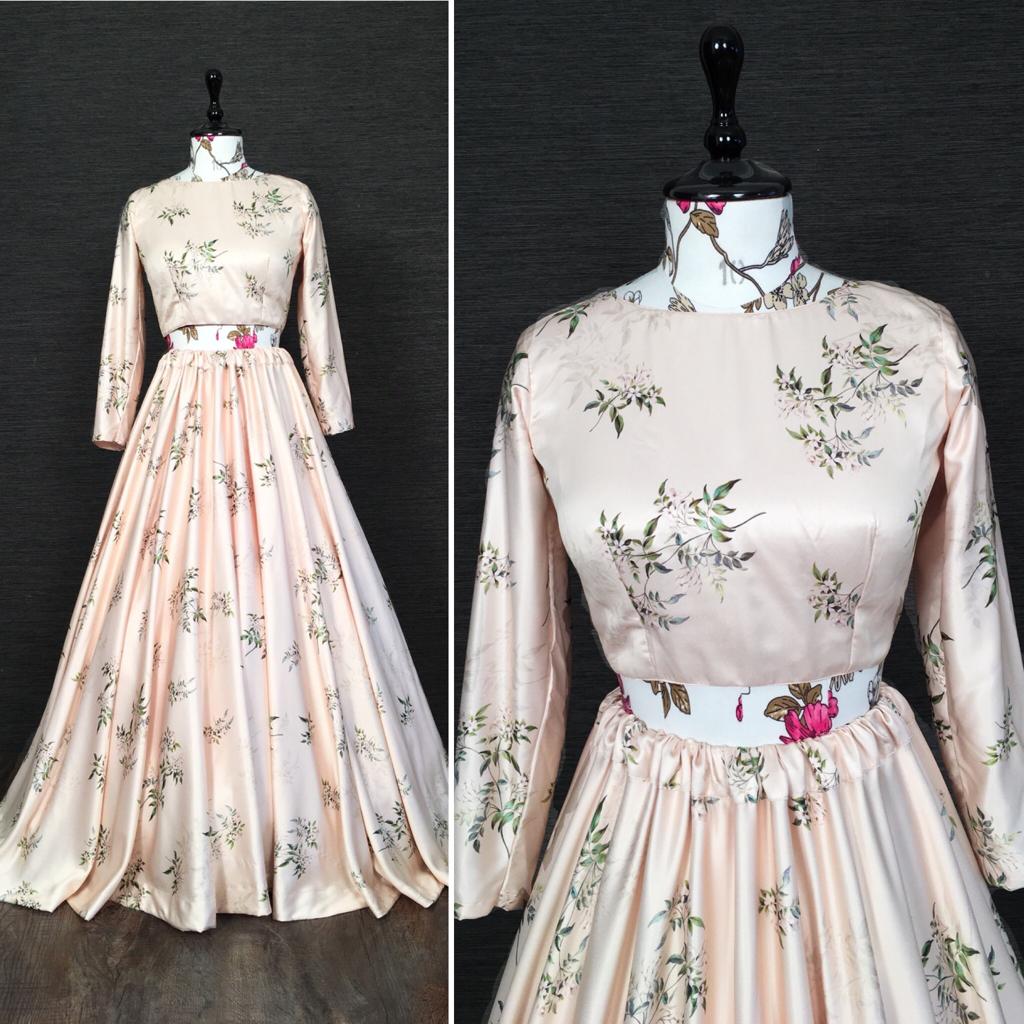 Sizzling Peach Color Satin Designer Floral Printed Lehenga Choli