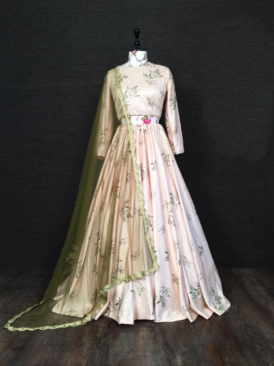 Sizzling Peach Color Satin Designer Floral Printed Lehenga Choli