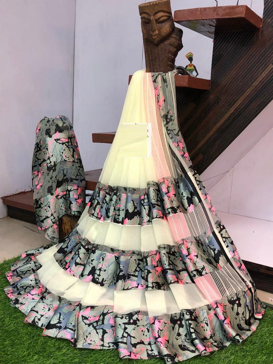 Daily Wear Cream Georgette Satin Patta Print Saree Blouse