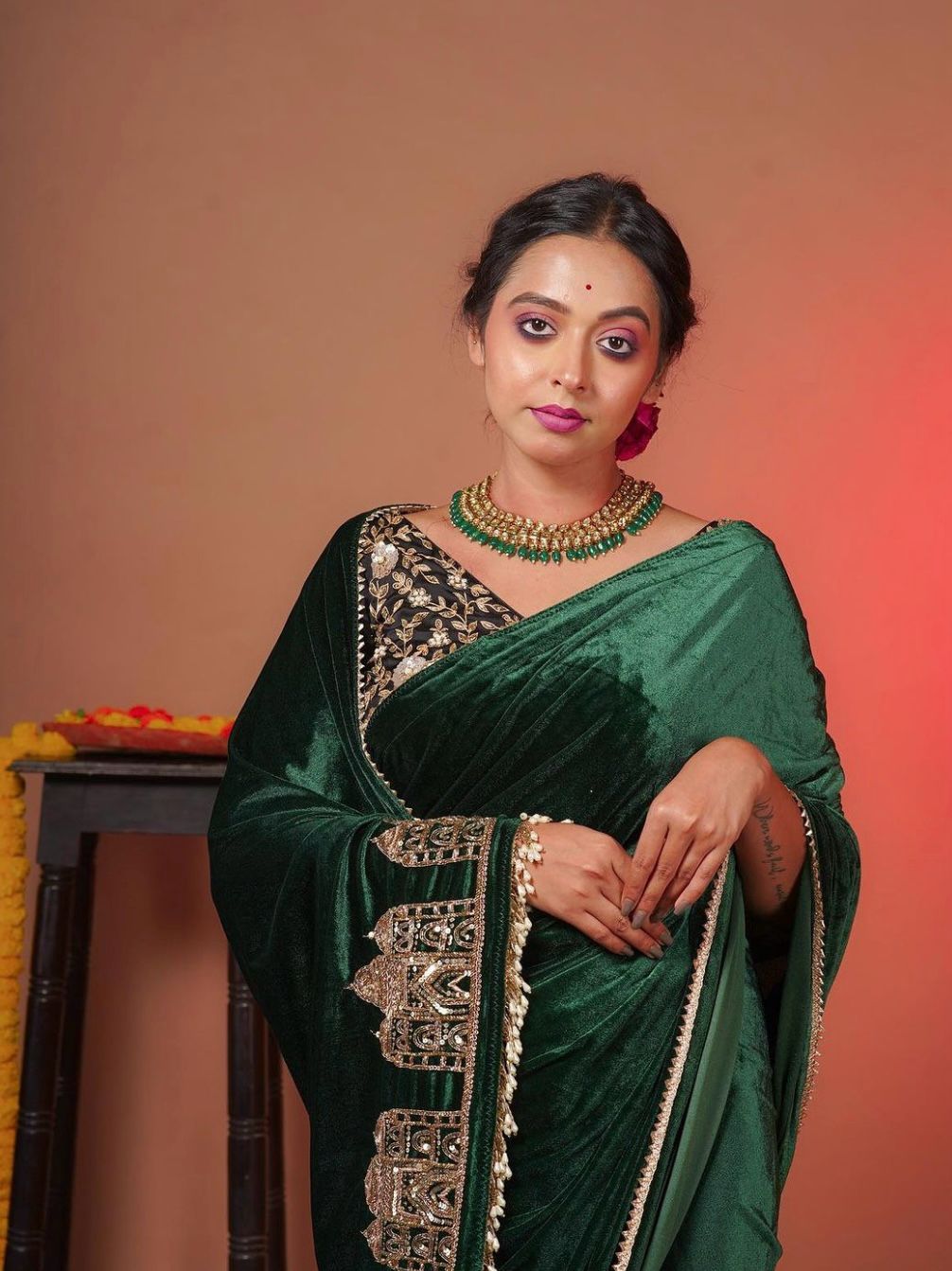 Wedding Wear Smooth Satin Silk Handwork Designer Saree