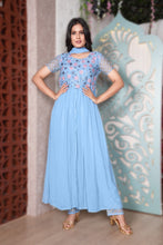 Load image into Gallery viewer, Skyblue Color Georgette Embroidered Stitched Kurta Pant with Dupatta Indo Western Set
