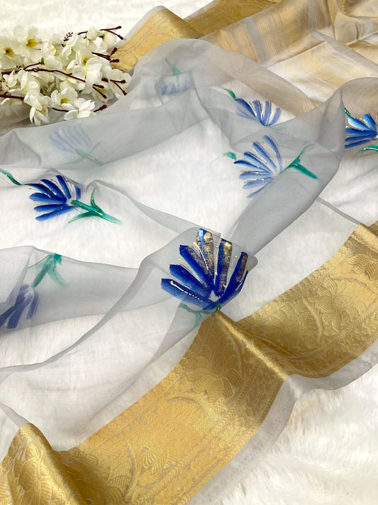 Grey Color Pure Organza Hand Painted Printed Saree