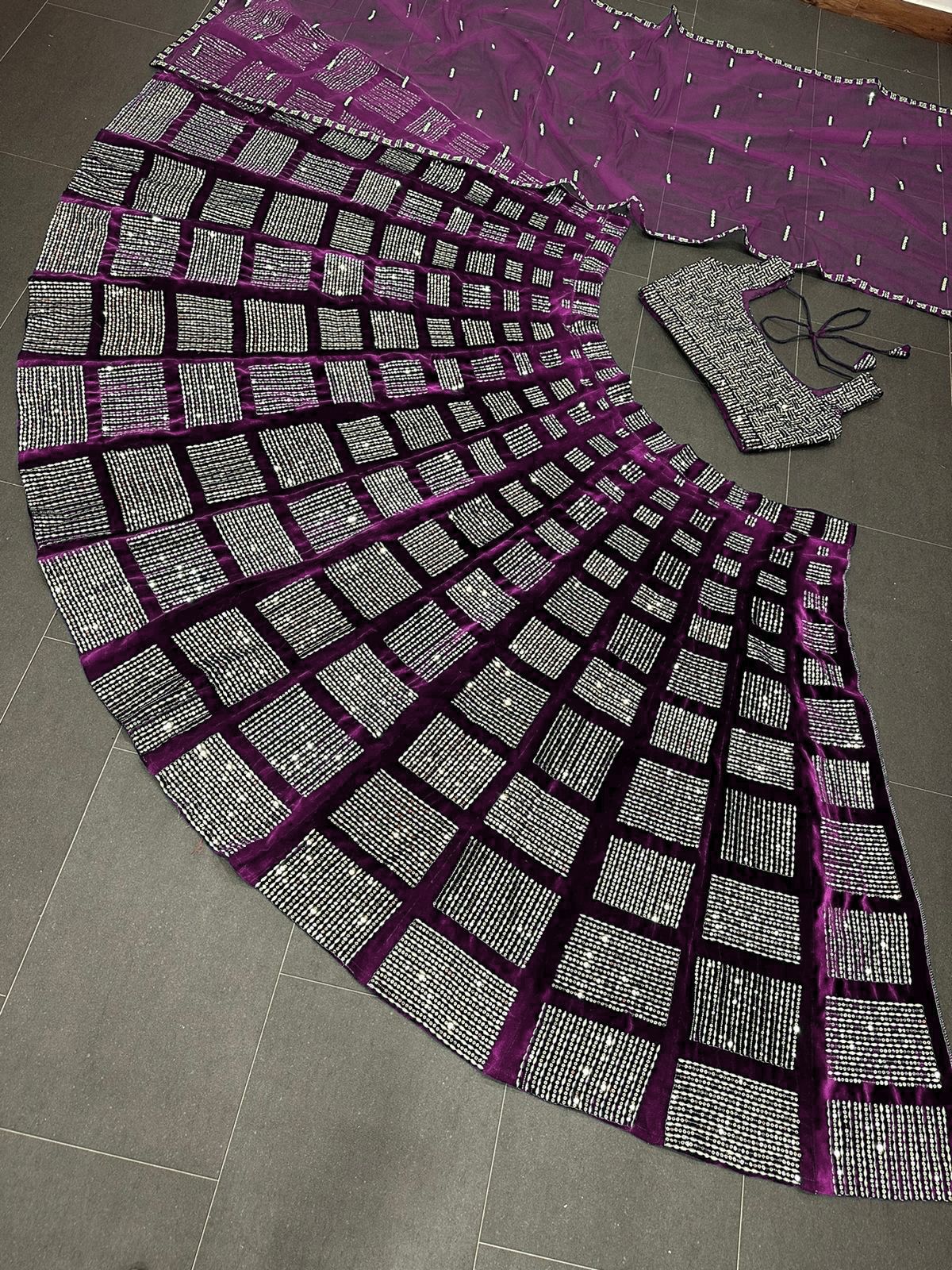 Wedding Wear Velvet Sequence & Jari Work Semi Stitch Lehenga Choli
