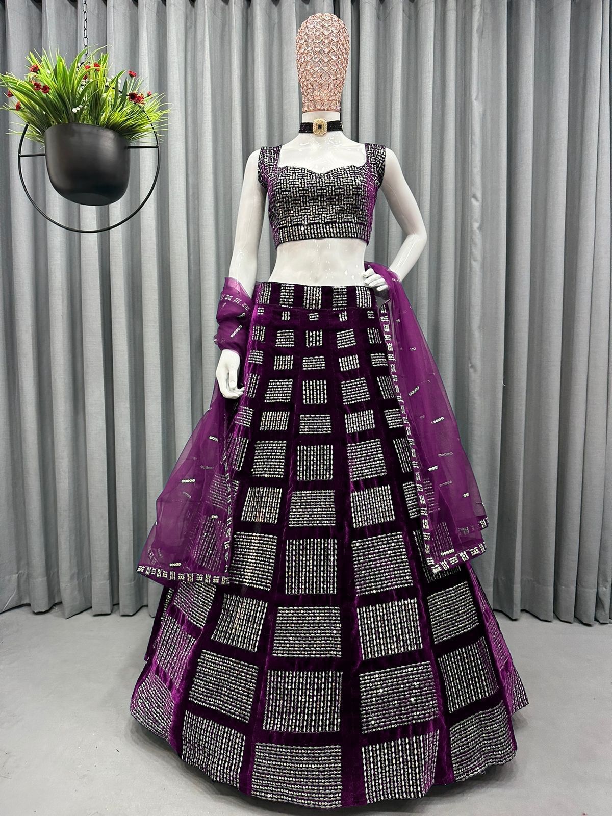 Wedding Wear Velvet Sequence & Jari Work Semi Stitch Lehenga Choli