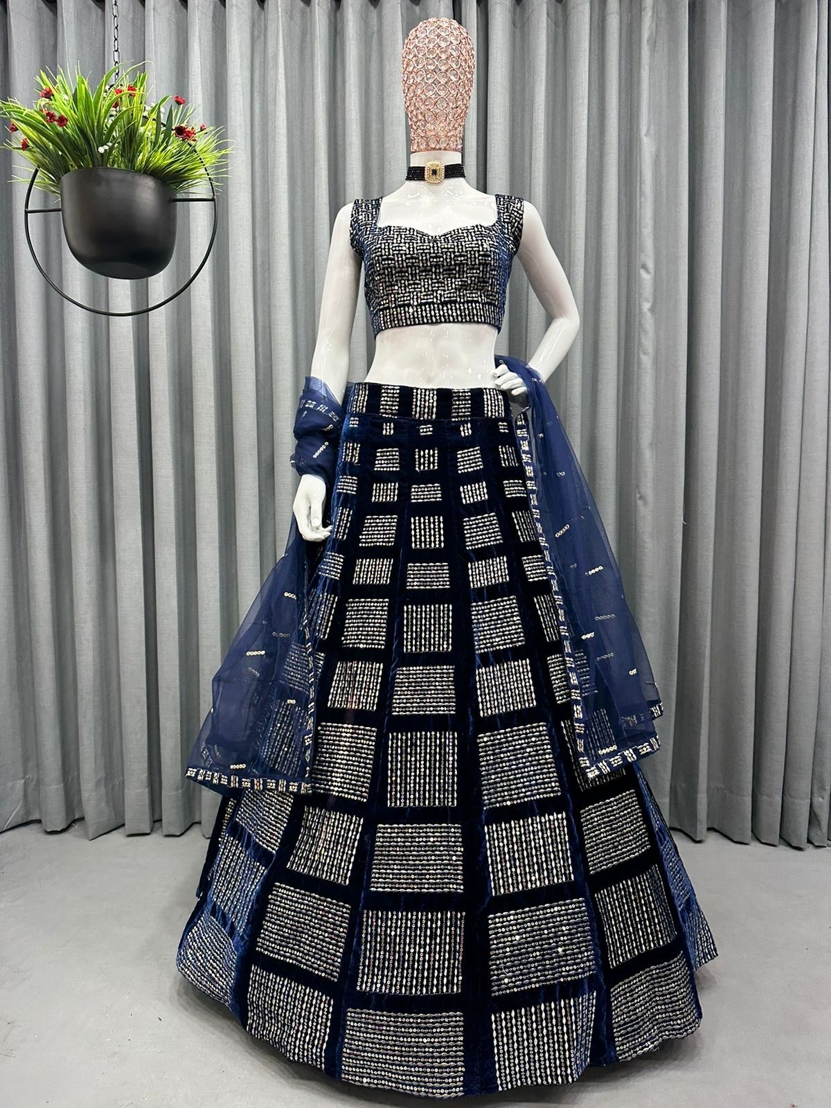 Wedding Wear Velvet Sequence & Jari Work Semi Stitch Lehenga Choli