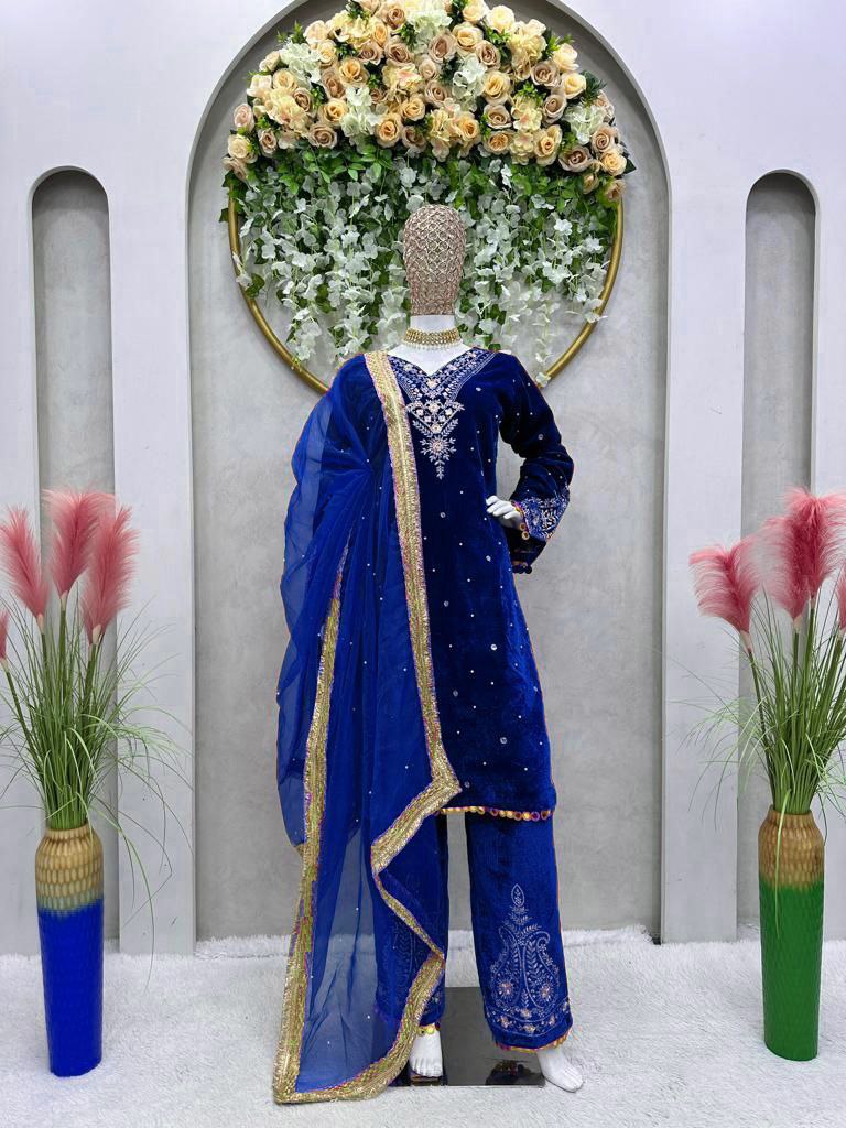 Wedding Wear Velvet Embroidered Fully Stitched Salwar Suit
