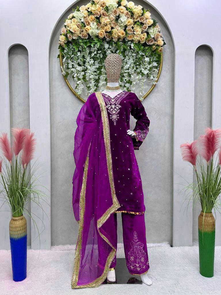 Wedding Wear Velvet Embroidered Fully Stitched Salwar Suit