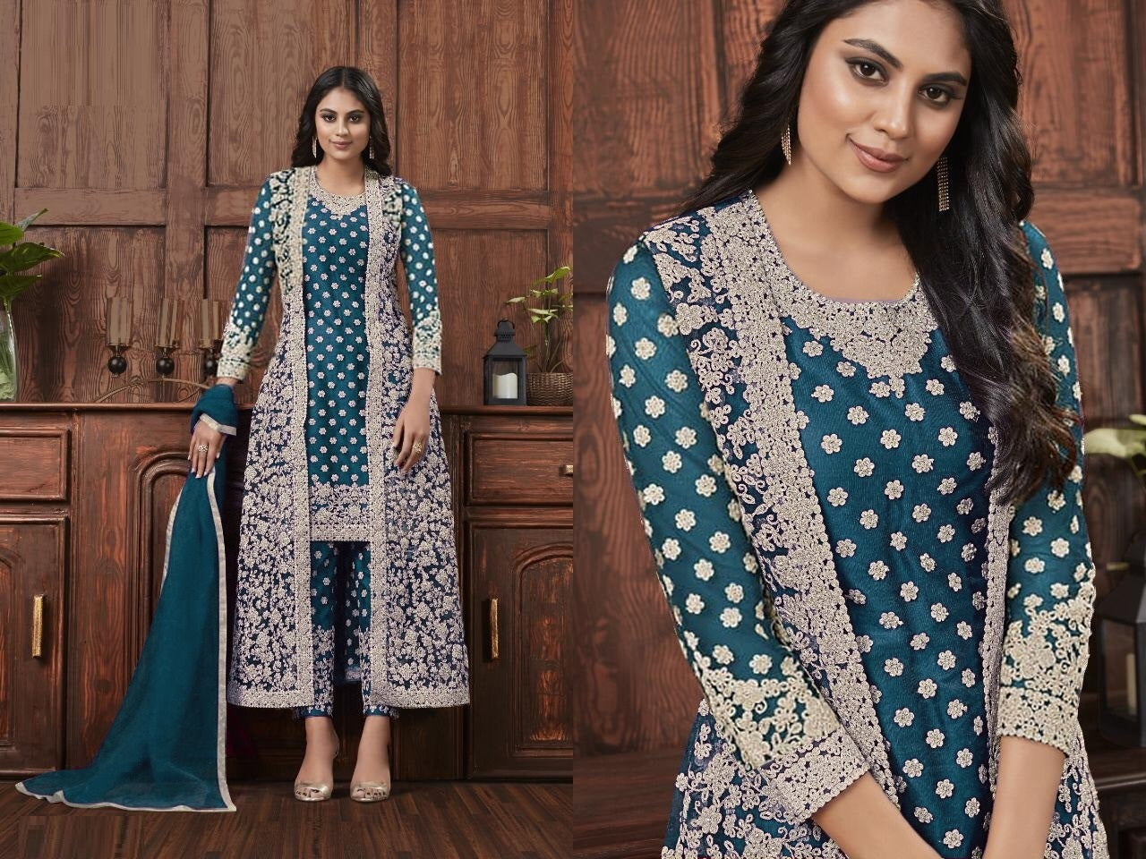 Jacket Style Soft Net Heavy Coding Work Semi Stitched Suit For Women