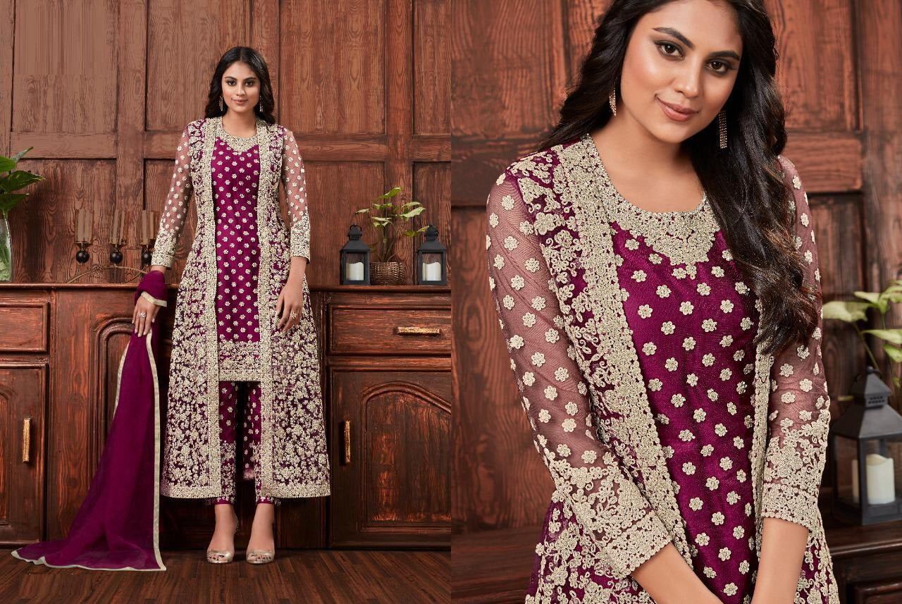 Jacket Style Soft Net Heavy Coding Work Semi Stitched Suit For Women