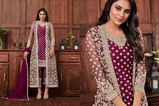 Jacket Style Soft Net Heavy Coding Work Semi Stitched Suit For Women