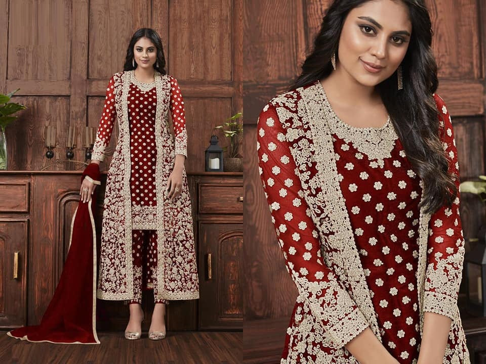 Jacket Style Soft Net Heavy Coding Work Semi Stitched Suit For Women
