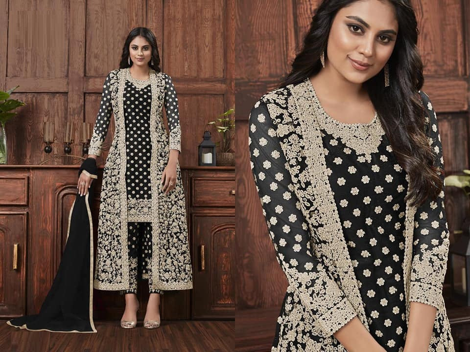 Jacket Style Soft Net Heavy Coding Work Semi Stitched Suit For Women
