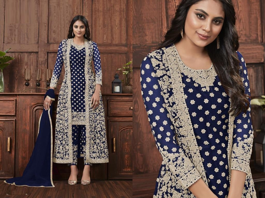 Jacket Style Soft Net Heavy Coding Work Semi Stitched Suit For Women