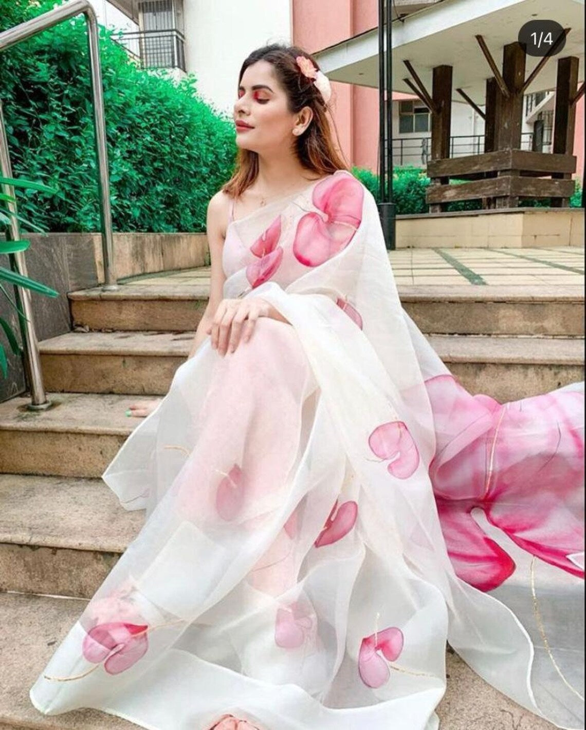 Beautiful White Organza Silk Digital & Foil Print Saree