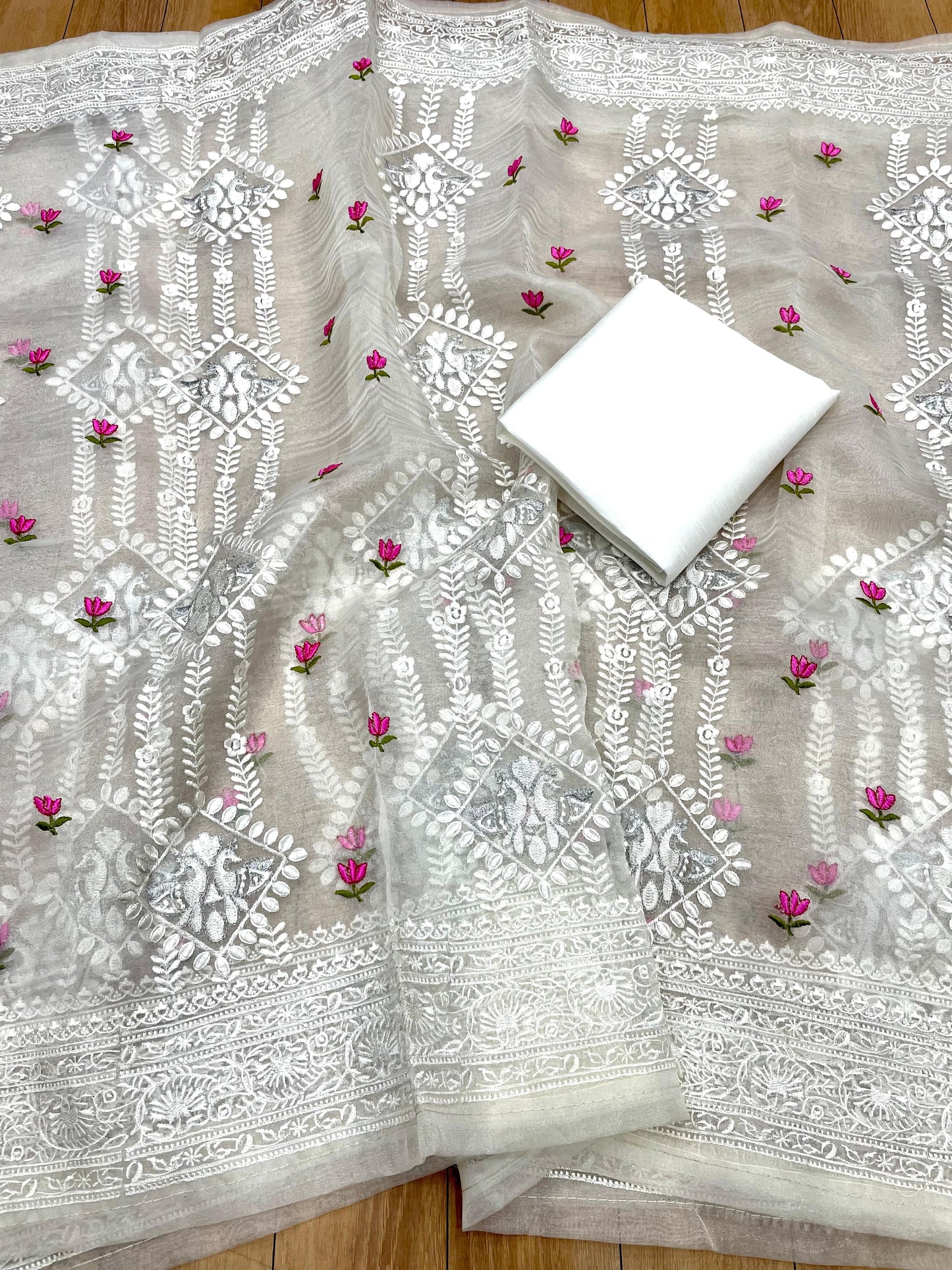 White Soft Organza Silk With Lucknowi Embroidered Work Saree With Tussels