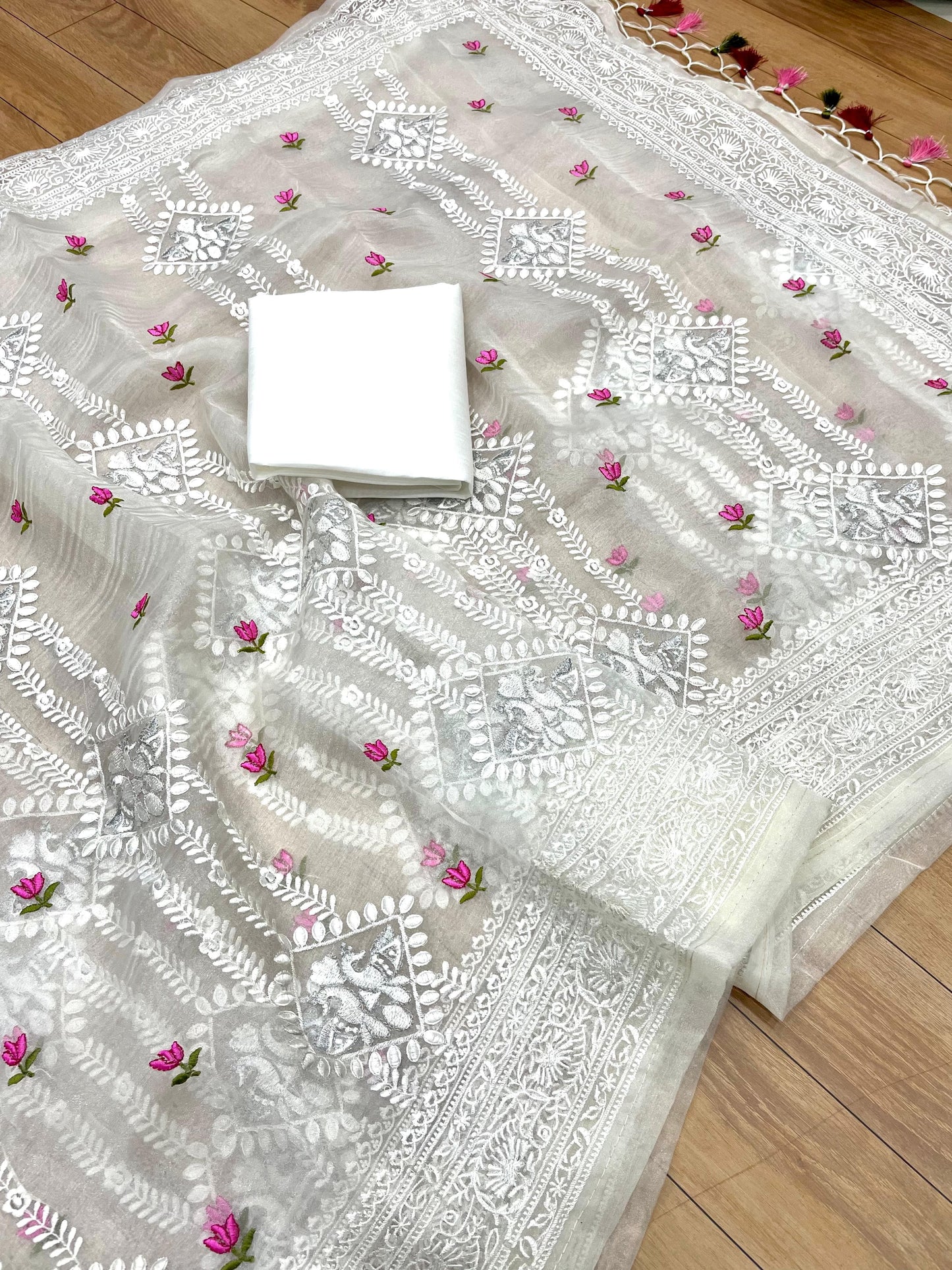 White Soft Organza Silk With Lucknowi Embroidered Work Saree With Tussels