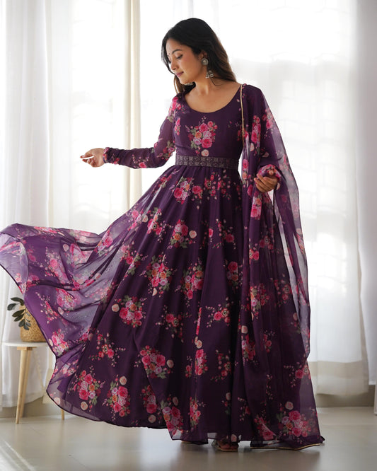 Wonderful Wine Color Printed Fully Stitched Anarkali Designer Gown